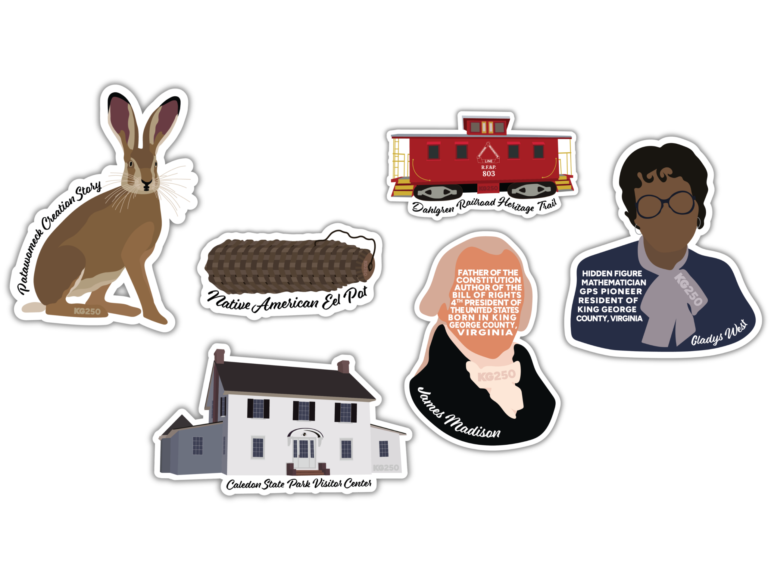 image of exclusive KG250 stickers that depict a hare, eel basket, Caledon State Park Visitor Center, James Madison, Dahlgren Railroad Caboose, and Gladys West