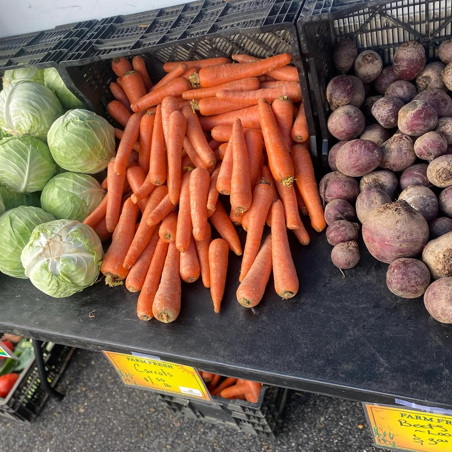 cabbage, carrots, and potatoes on display on a black table at a market